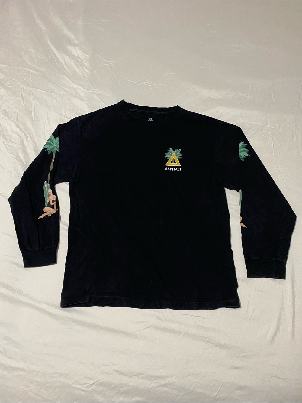 Asphalt Black Long-Sleeve Tee with Green Palm & Yellow Triangle Logo